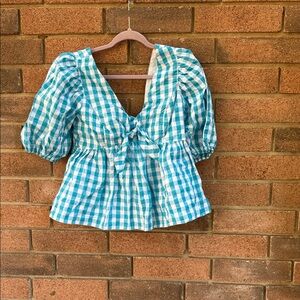 Lilly Pulitzer Teal Checkered Blouse Women's Size 8